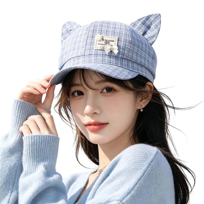 DXAE Checkered Ear Cap with Upright Ears and Front Bill for Daily Outings