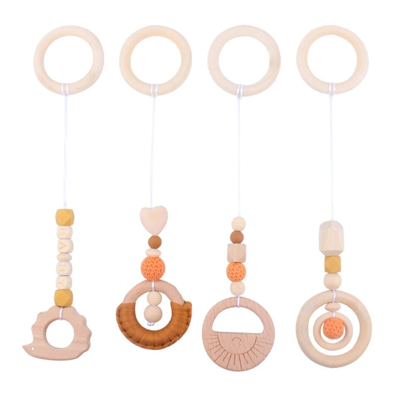 4 Pcs Baby Gym Frame Pendants Fitness Rack Stroller Crib Rattle Wooden Ring Beads Teether Hanging Mobile Bed Infants W3JF