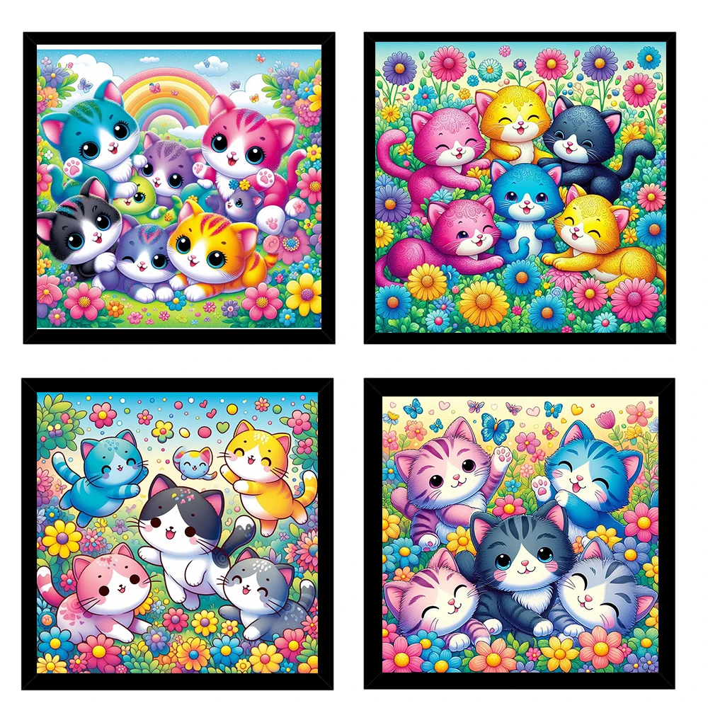 Cute Colorful Cats And Flowers Cartoon 5D Mosaic Kits DIY Diamond Painting Full Drills Embroidery Cross Stitch Wall Decor Art