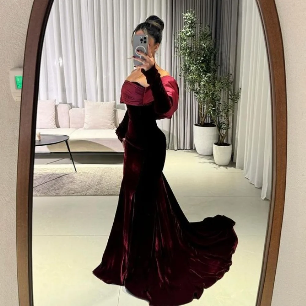 

Customized Velvet Off-the-shoulder Backless Prom Gowns Mermaid Long Sleeve Pleat Evening Dresses Sweep Train Party Dresses