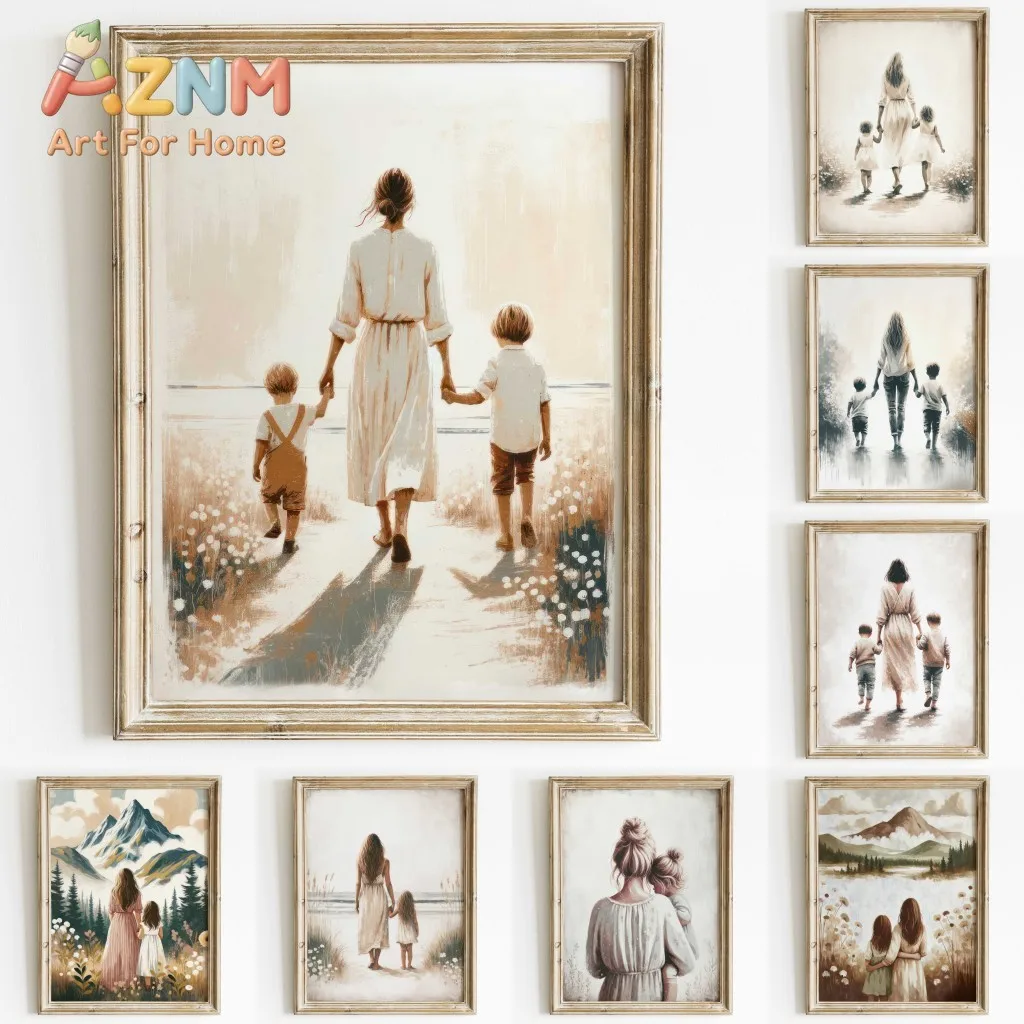 Mom & Child Wall Art Print Mother Daughter Son Portrait Printable Family Artwork Canvas Painting Living Room Bedroom Home Decor