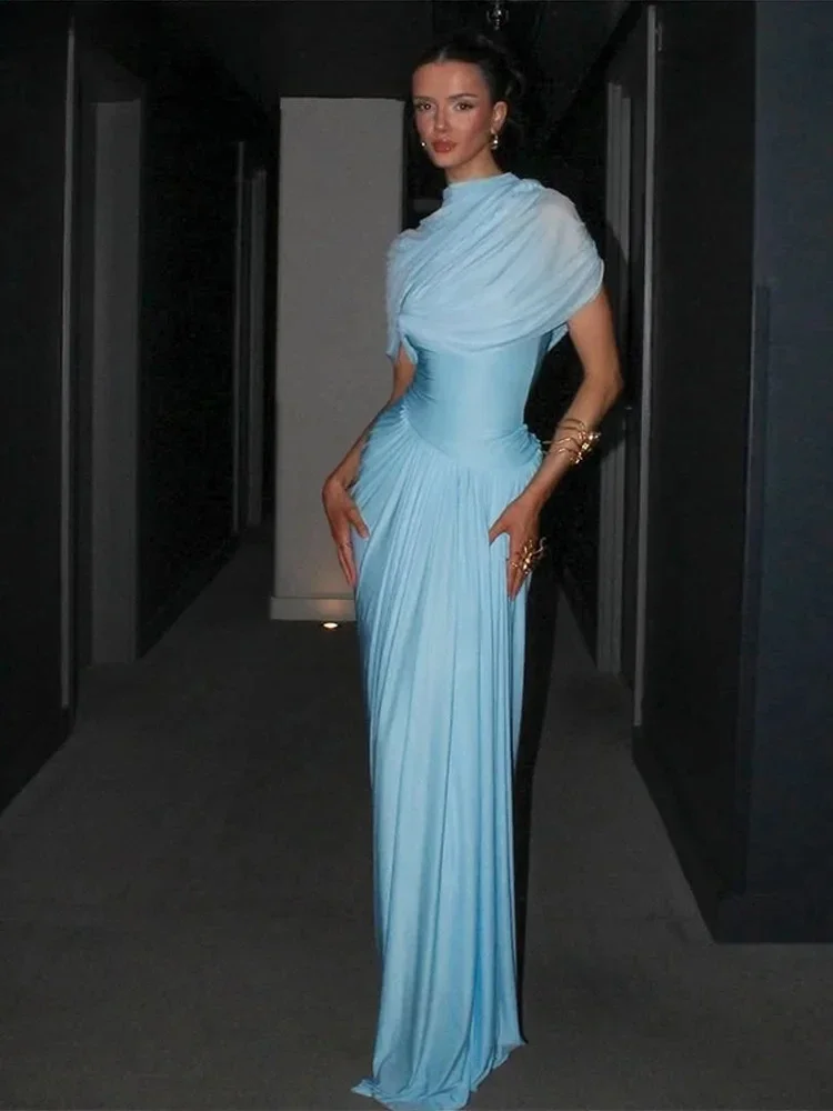ชุดเดรสยาวผ้าชีฟองหรูหราสำหรับผู้หญิง ดีไซน์เซ็กซี่แบบไม่สมมาตร ช่วงสะโพกเข้ารูป สีฟ้าอ่อน จับจีบยาวแบบแม็กซี่  ชุดราตรีออกงานสำหรับสุภาพสตรี  คอลเลคชั่นใหม่สำหรับฤดูใบไม้ผลิ