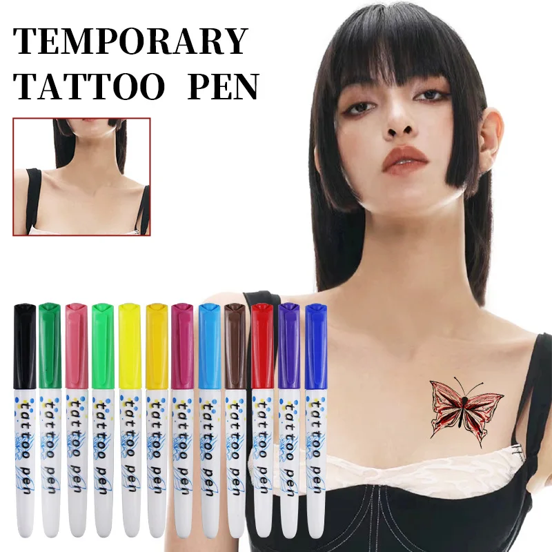 

Temporary Tattoo Markers for Skin, 12 Colors Body Marker Pen for Kids and Adults, Metal Tattoo Pens with Bold and Fine Tip