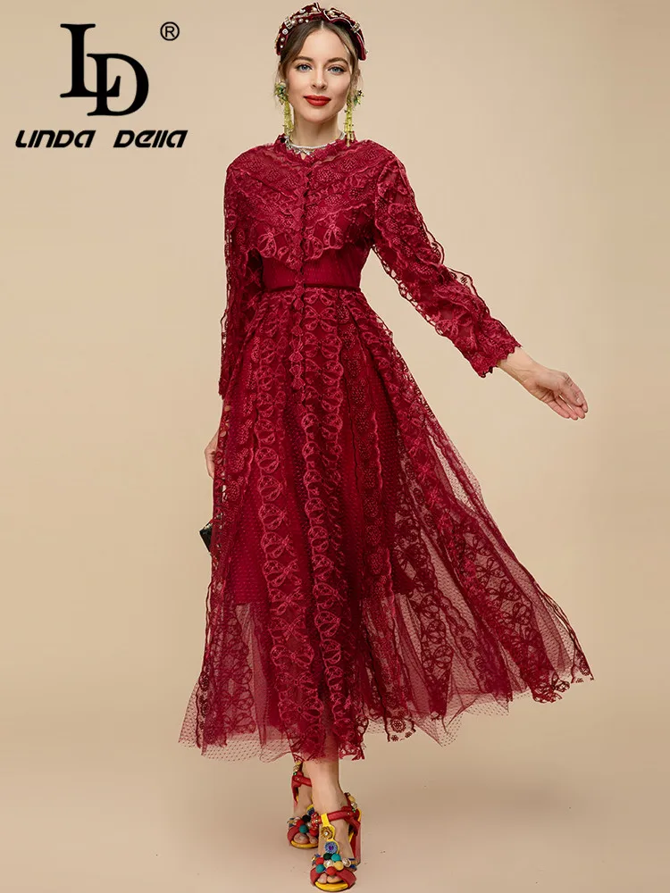 LD LINDA DELLA Spring Runway Vintage Red Mesh Dress Women Long sleeve Lace Patchwork Embroidery Fashion Long Party Dress