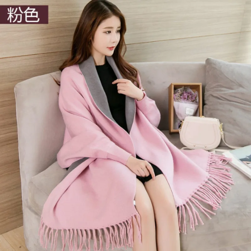 #4005 Batwing Sleeved Knitted Cape Coat Women Solid Color Casual Ponchos And Capes Female Loose Shawl Scarf For Women Cardigan