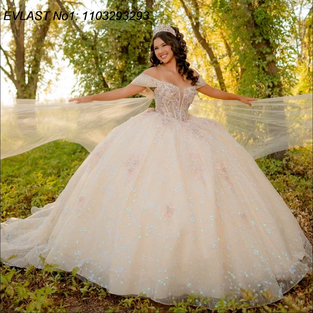 

EVLAST индивидуальное платье принцессы цвета шампанского Quinceanera, бальное платье с кружевной аппликацией и бисером, накидка Sweet 16, Vestidos De 15 Anos E1QN625