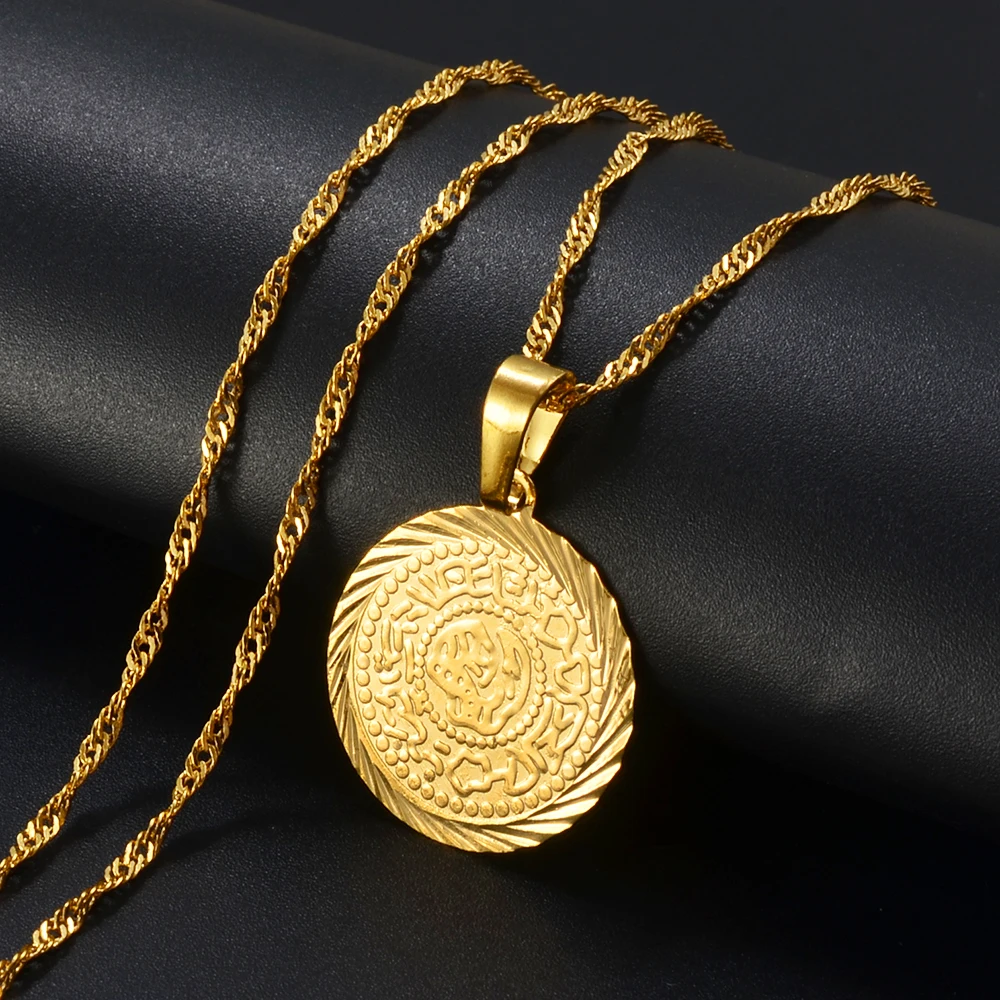 Anniyo Charm Coin Pendant Necklaces Gold Plated Arab African Money Sign Chain Jewelry Middle Eastern Coin Money Maker #049606