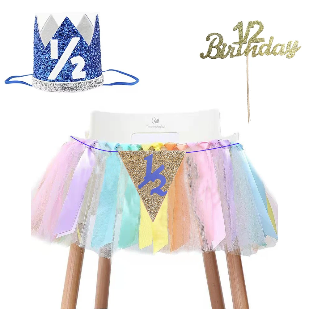 High Chair Skirt Half Year Banner Crown Cake Saltire Birthday Party Supplies Baby Girl Weekend Birthday Party Decorations