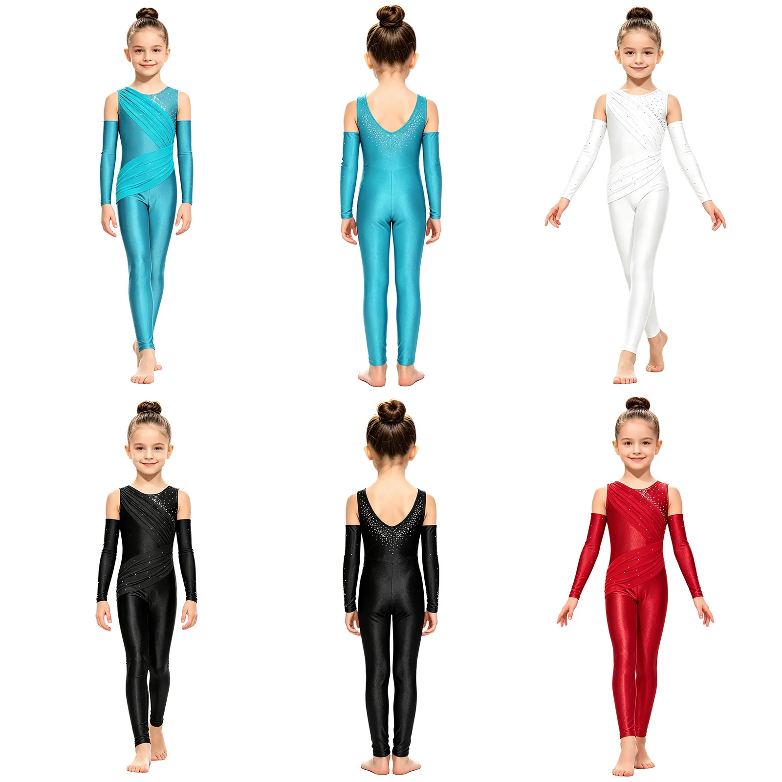 Kids Girls Ballet Dance Leotard Rhythmic Gymnastics Skating Acrobatics Jumpsuit Mesh Overlay Rhinestone Bodysuit with Sleeves