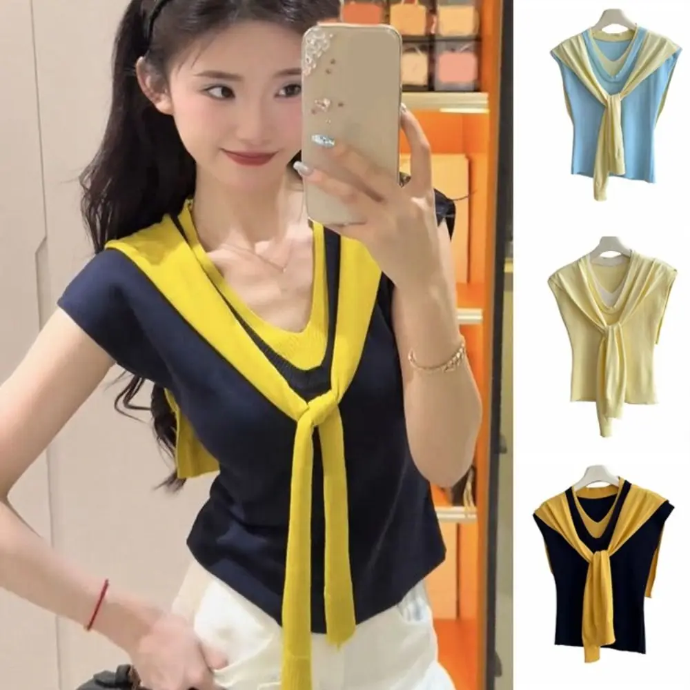 

Футболки из двух предметов на шнуровке с v-образным вырезом в стиле пэчворк, тонкий вязаный укороченный топ в корейском стиле с короткими рукавами, милые футболки для девочек, летний топ