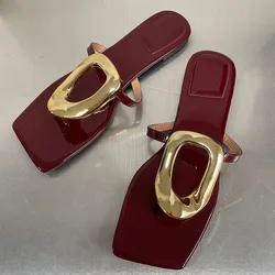 Summer Beach Female Slides Slippers Luxury Ladies Flats Sandals Shoes Fashion Metal Footwear Women Slippers Flip Flops Wine Red