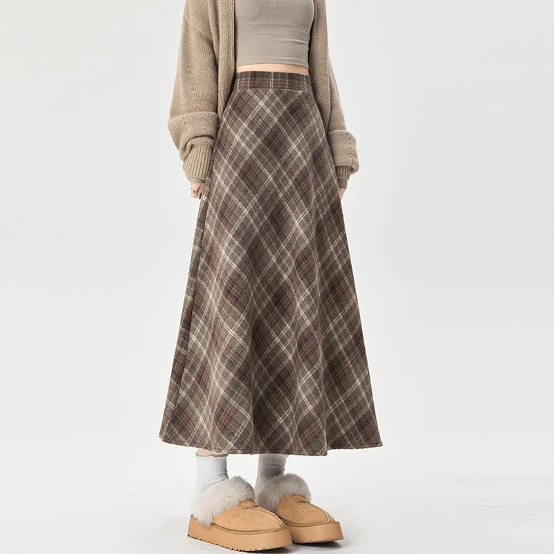 Fashion Plaid Skirt for Women 2025 Autumn Winter Vintage Elastic High Waist Mid-length Skirt Female Preppy Style  A Line Faldas