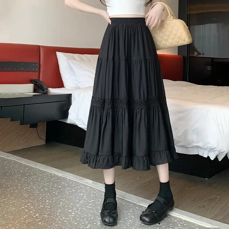 Elegant Light Beige High Waist A-Line Skirt Women's Design Lace  Draping Cake Skirt Slimming Midi Length Half Body Skirt