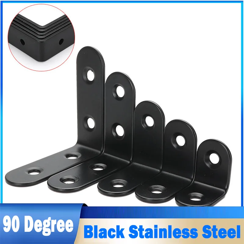 2Pcs Black Stainless Steel L Bracket (20/25/40/50~150mm) 90° Right Angle Corner Brace Joint Fastener for Wood Chair Bookshelf