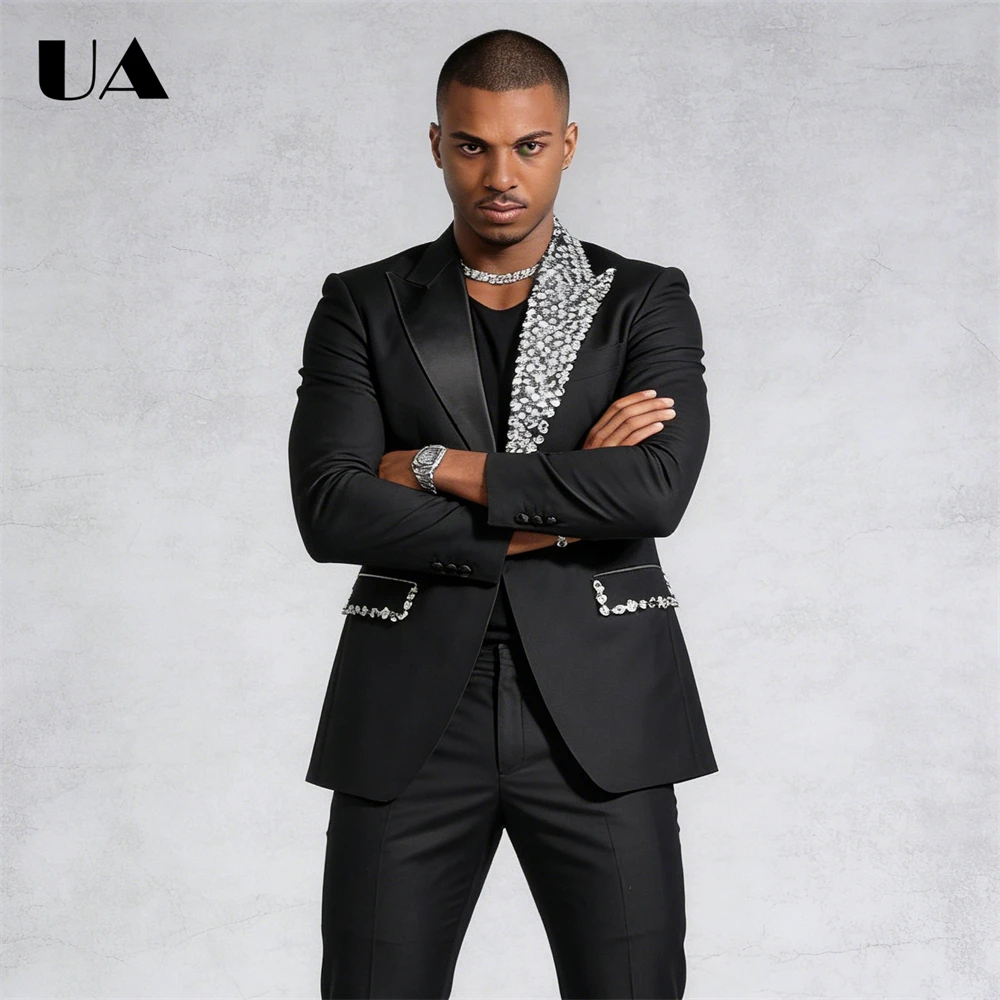 

Crystals Pageant Suit Attire Men's 2-Piece Luxury Suit Set, Notched Lapel Tuxedo Prom Party Dresswear Handsewn Rhinestones