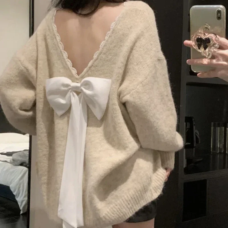 

Spring Autumn New V-neck Long Sleeve Fashion Sweater Women High Street Casual Loose Backless Pullovers Bow Patchwork Lace Tops