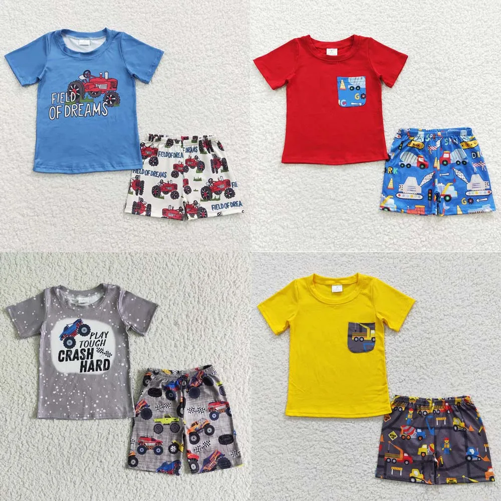 

Wholesale Infant Baby Boy Summer Set Short Sleeves Tractor Top Tee Pocket Shirt Toddler Kids Shorts Children Truck Outfit