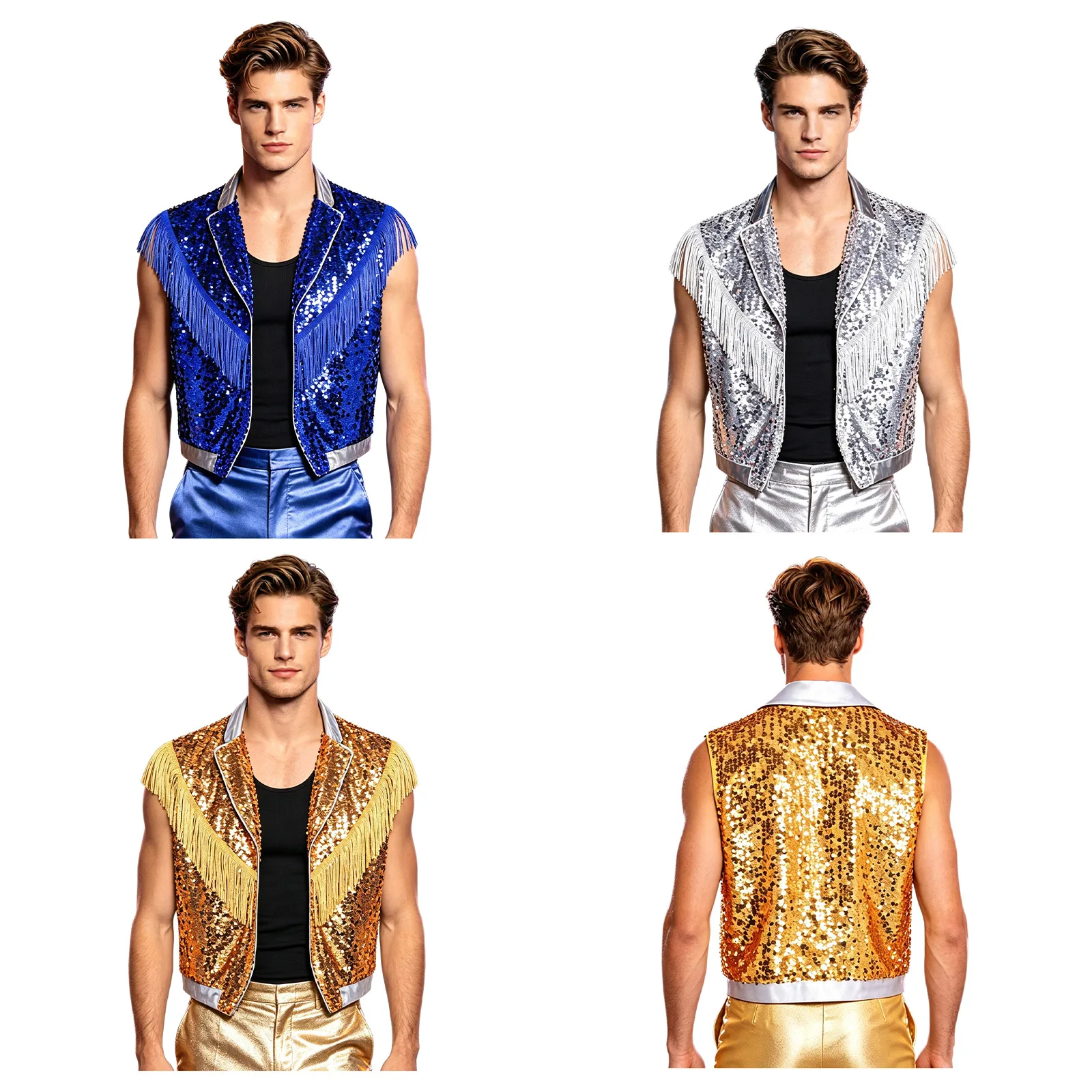 Mens Hip Hop Jazz Sequins Vest Sleeveless Tassel Open Front Metallic Shiny Tank Top Waistcoat for Masquerade Stage Performance