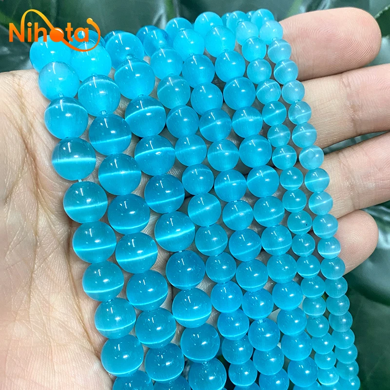 Smooth Light Blue Cat Eye Beads Natural Opal Stone Round Loose Beads For Jewelry Making DIY Bracelet Necklace 15\