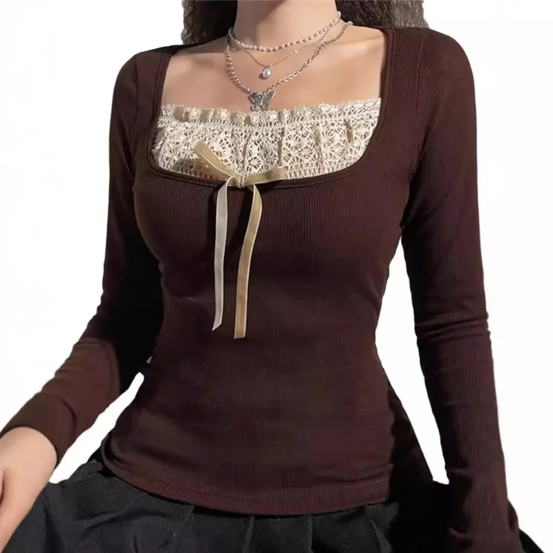 

Sweet Spliced Lace Bow Square Collar Y2k T-shirt Women Autumn Vintage Slim Fit Waist Long Sleeve Crop Top Ropa De Mujer