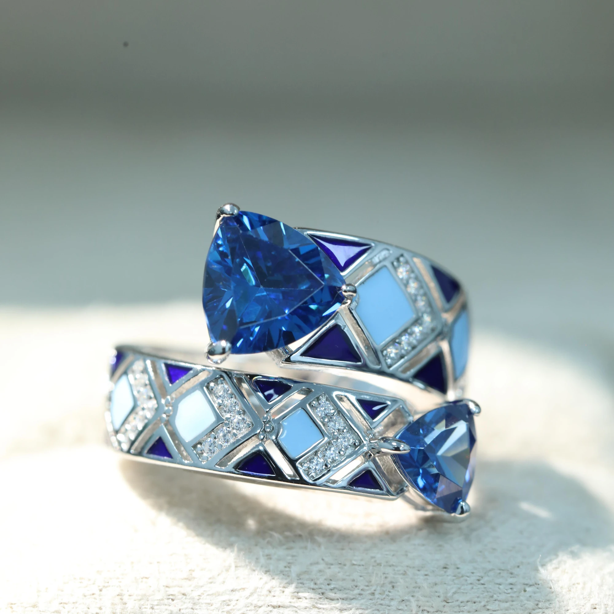 Vintage Artificial Trillion Sapphire Enamel Ring Art Deco Women's 925 Sterling Silver Statement Fine Jewelry Cocktail Party Gift
