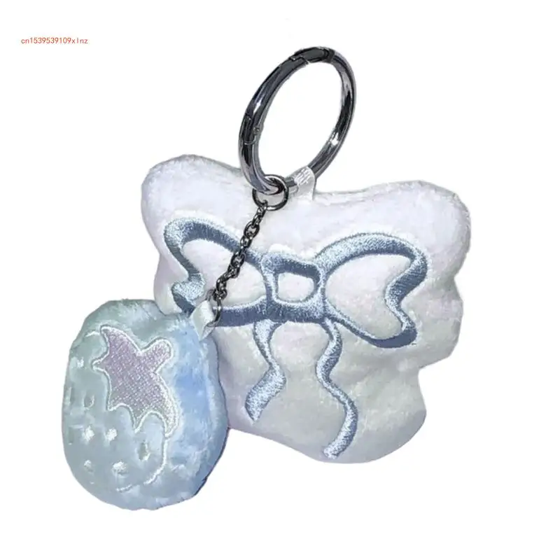 Porte-clés à breloques en peluche avec nœud en forme fraise, joli pendentif suspendu, ornement, décoration à