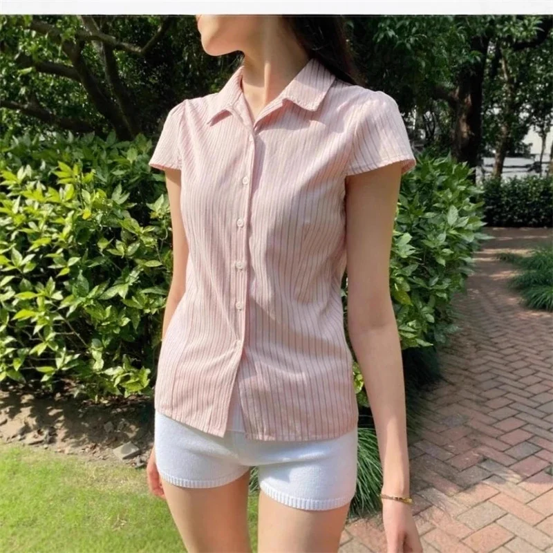 

Pink Striped Blouse Tops Women Simple Silver Line Slim Short Sleeve Buttons T-shirts Female Sweet Cute Preppy Style Tshirt Y2K