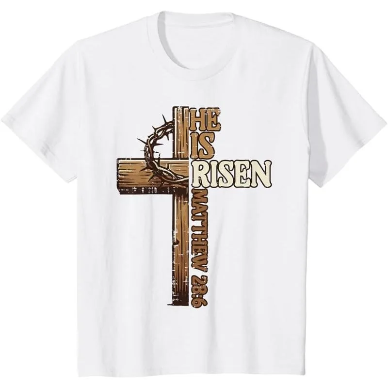 

He Is Risen Shirt Bible Verse Matthew 28:6 Religious Cross Graphic Tee Christian Easter Outfit for Men Women