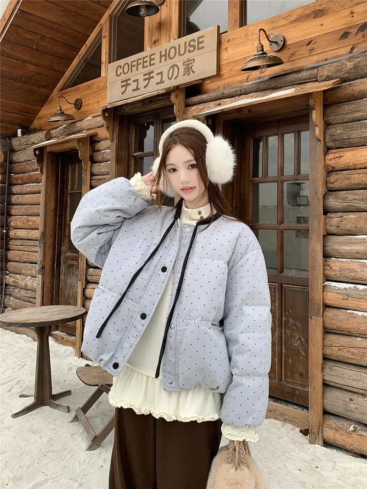 الحلو فتاة الوردي الأزرق البولكا نقطة قصيرة سترة موضة سترة سميكة جديد الشتاء المرأة س الرقبة لطيف القوس معطف فضفاض معطف دافئ غير رسمي #6