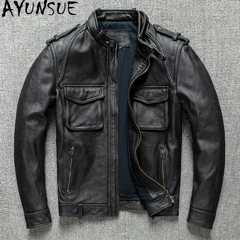 AYUNSUE 100% Genuine Leather Jacket Men 2026 Vintage Short Washed Distressed Biker Coat Real Top Layer Cowhide Jackets Outerwear