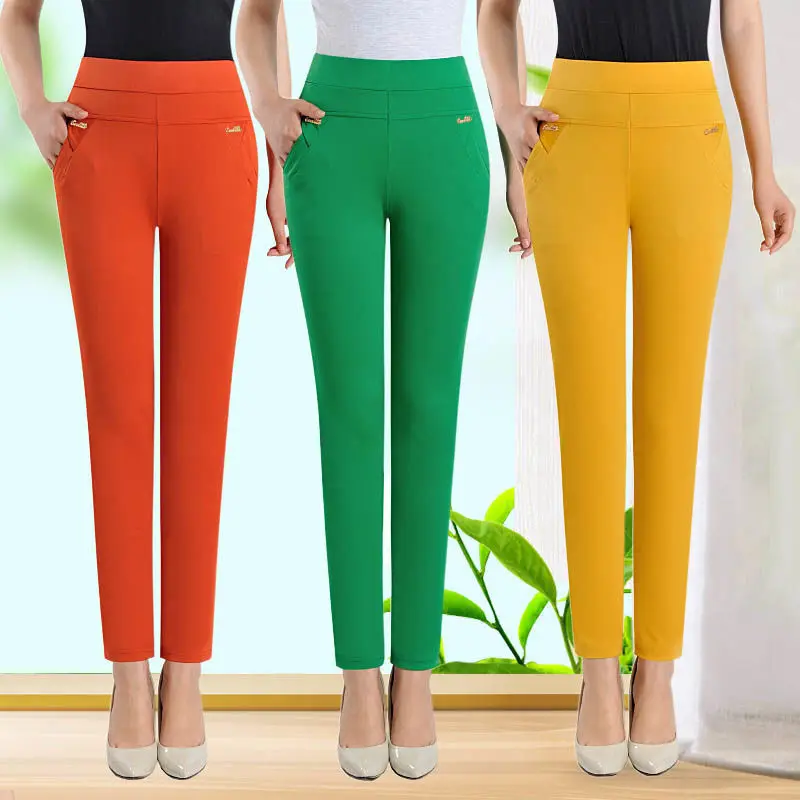 Pantalones elásticos coreanos de Color caramelo para mujer, Pantalones rectos de cintura alta, Pantalones de retazos con bolsillo, Pantalones clásicos delgados informales