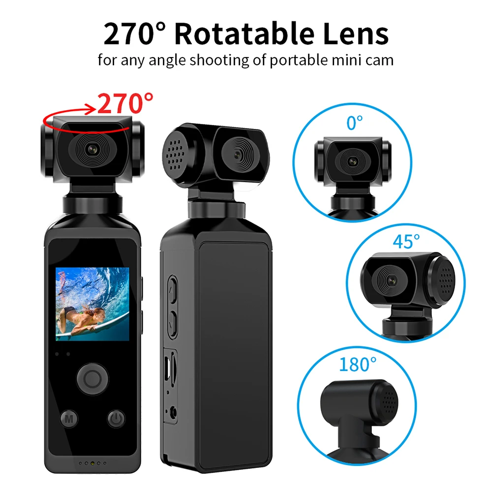 

Pocket 4K Ultra HD Action Camera 270° Rotatable Vlog WiFi Mini Sports Cam Waterproof Case Helmet Travel Bicycle Driver Recorder