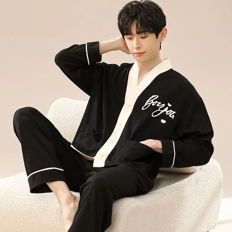 

Waffle Pajamas Men's Spring Autumn V-neck Cotton Long-Sleeved Cardigan Homewear Suit Male Loose Plus Size Casual Sleepwear Set