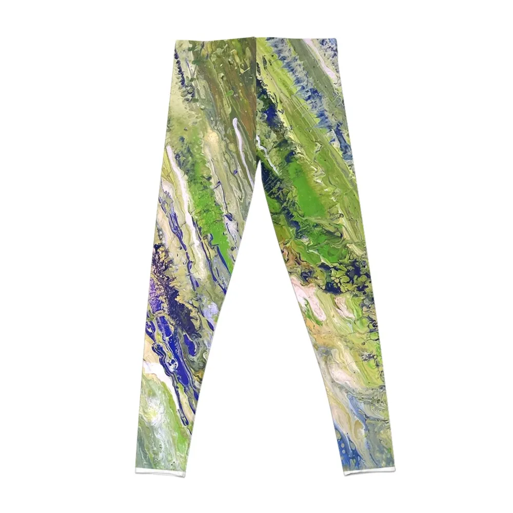 Contemporary Modern Art Design Green, White, Blue Paint Pours Leggings Training pants Women sportwear Womens Leggings