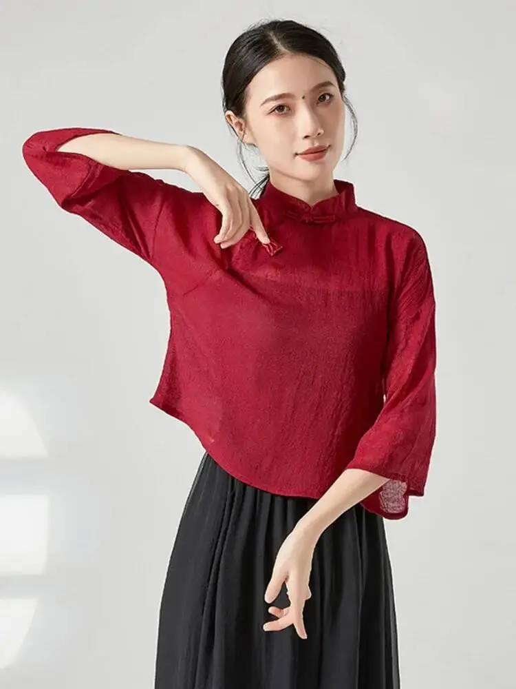 

Solid Color Mesh Top with Stand Collar Frog Buttons Mid Sleeve Chinese Style Loose Sheer Blouse Modern Dance Stage Performance