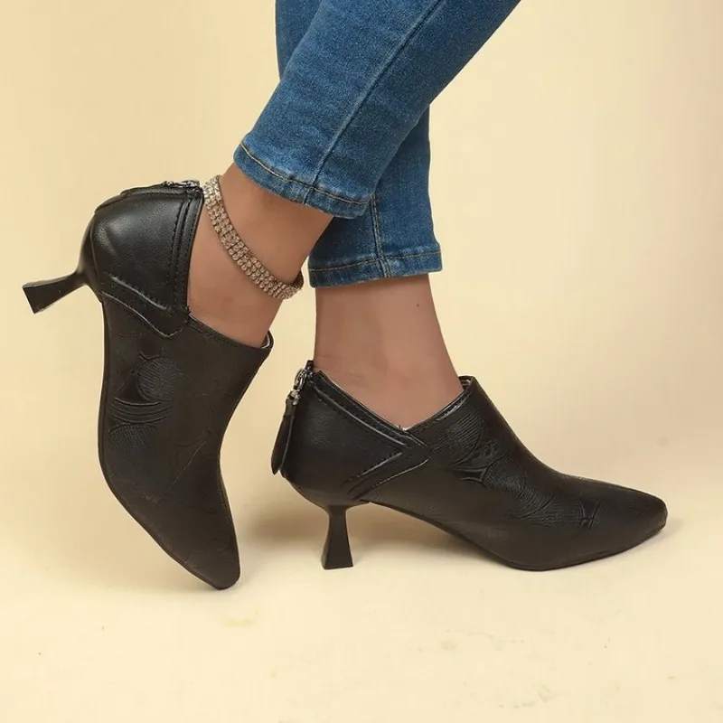 2023 Autumn Women Ankle Boots Elegant Brown Suede Short Mixed Leather Iron Thin High Heels Black