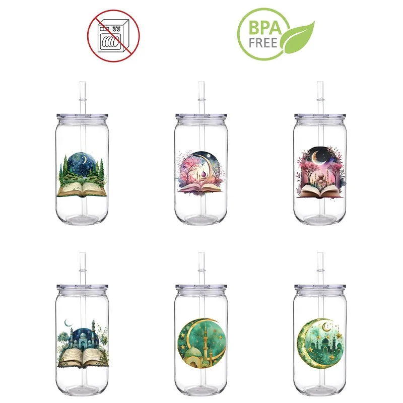 

Stars And Moon Castle Printed Transfer BPA Free Plastic Straw Cup Comes With Sreaw And Cup Lid Can Coffee 16 OZ Ramadan
