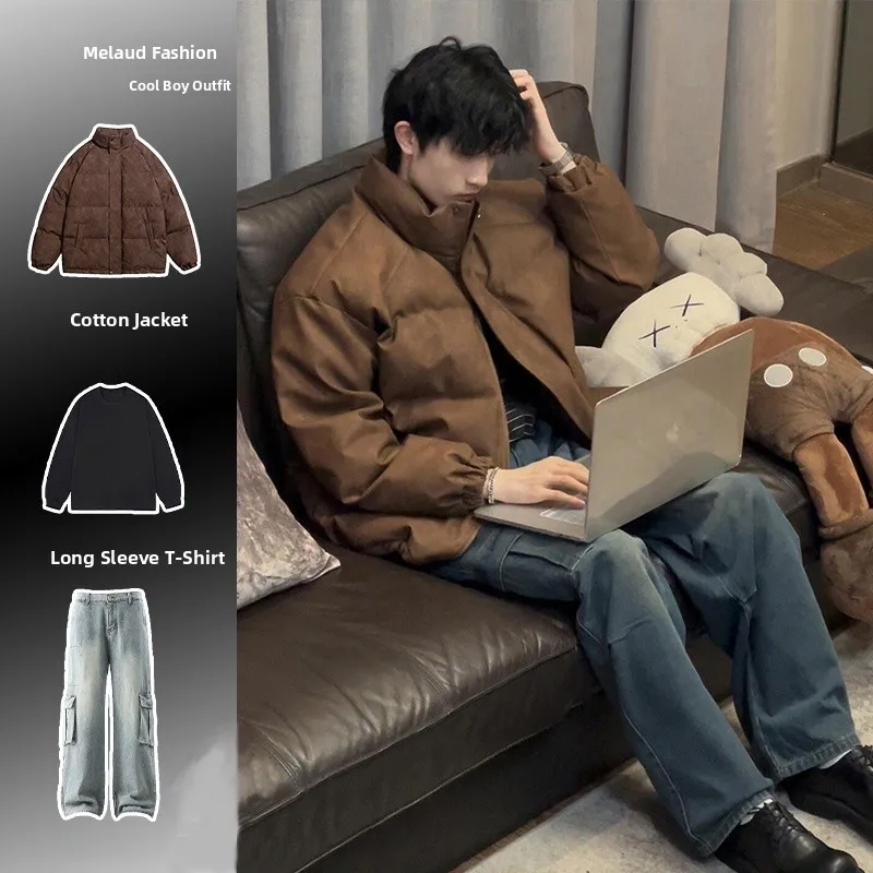 

Korean Sle Men's Thiened down Jaet Set Bread Coat Outerwear Polyester Fiber Du down Filling Windproof Waterproof