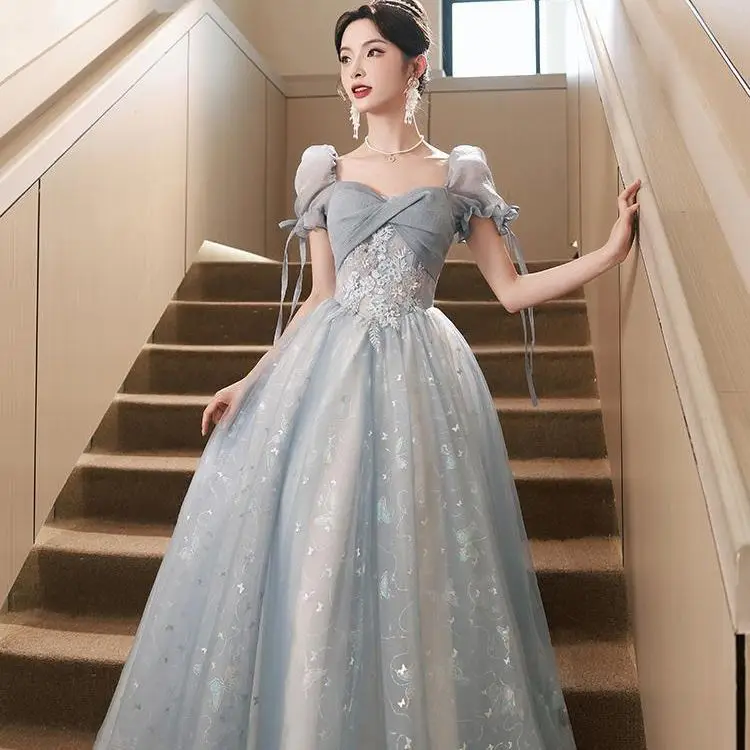 Blue Evening Dress Dress 2024 New Banquet French Temperament Princess Vocal Performance women wedding dresses women clothing