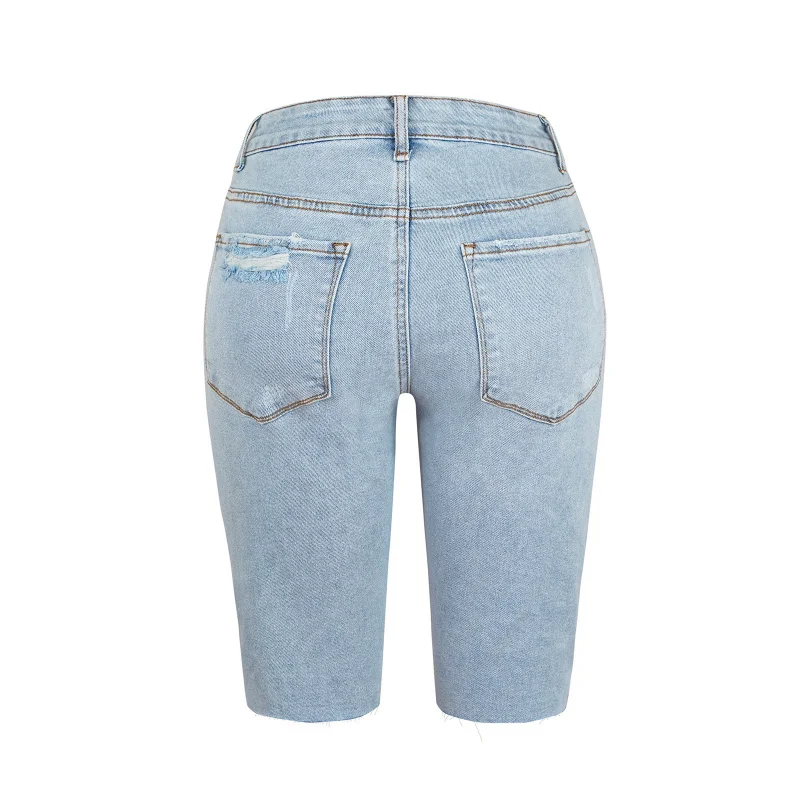 Nuovi pantaloni skinny estivi ad alta elasticità Pantaloni a cinque punti a vita media Jeans strappati Donna Hot