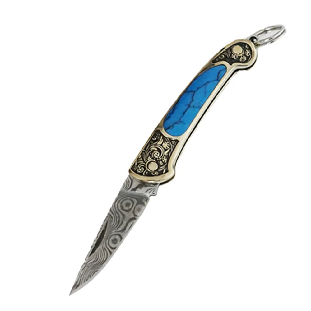 Premium Damaszener Stahl Klappmesser, Messinggriff mit Blauem Stein-Einlage, Tragbares Schlüsselanhänger-Universalmesser für Tägliche EDC-Aktivitäten