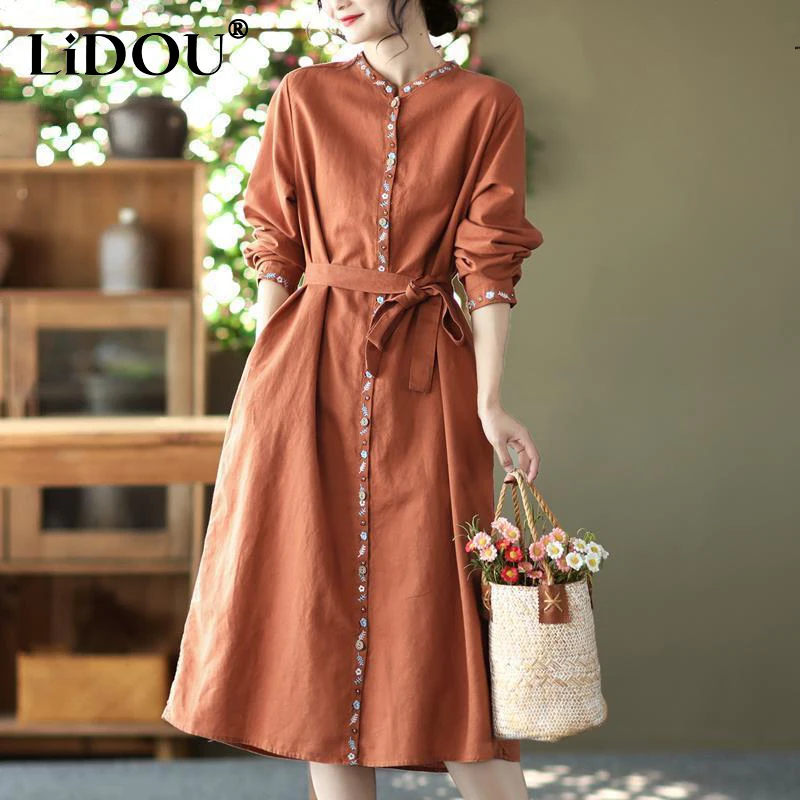 Autumn Winter Vintage Embroidery Waist Lace Up Cotton Midi Dress Women Single Breasted Long Sleeve Dresses Vestidos De Fiesta