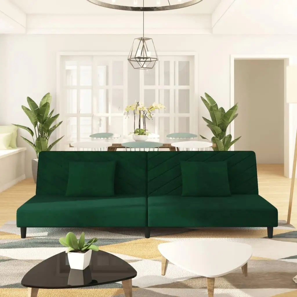 Dark Green Velvet 2-Seater Sofa Bed with 2 Cushions - Stylish & Comfortable Living Room Furniture