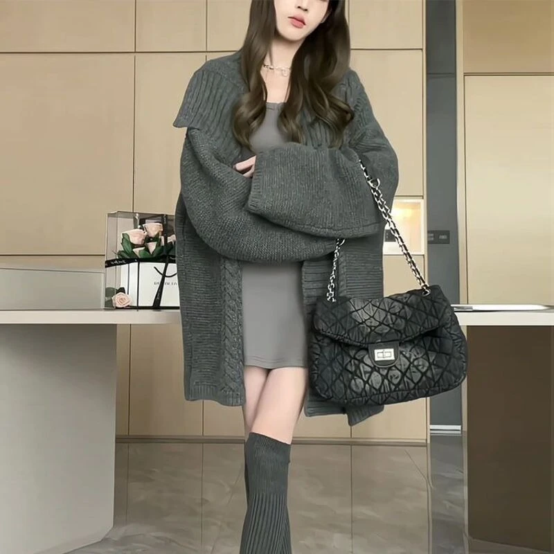 

Women's Gray Oversized Lapel Sweater Coat Loose Fit Slimming Mid Length Relaxed Vibe Soft Fluffy Knit Cardigan for Spring Autumn