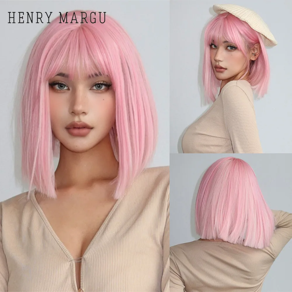 

HENRY MARGU Pink Bob Synthetic Wig Short Straight Pink Wigs with Bangs Colorful Party Halloween Fake Hair for Women High Quality