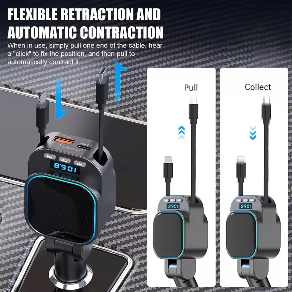 Car Charger Super Fast Charging 96W 4 In 1 Telescopic Type-c+QC3.0 Charging Cable Car PD MP3 With/without Bluetooth Transmi M3O6