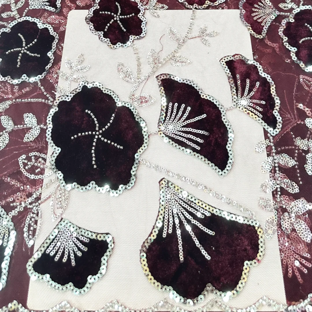 Embroidery Ai - フリルスパンコールレースビーズレース生地 2026 高品質ベルベットアフリカ花刺繍チュールネットレース結婚式のパーティードレス