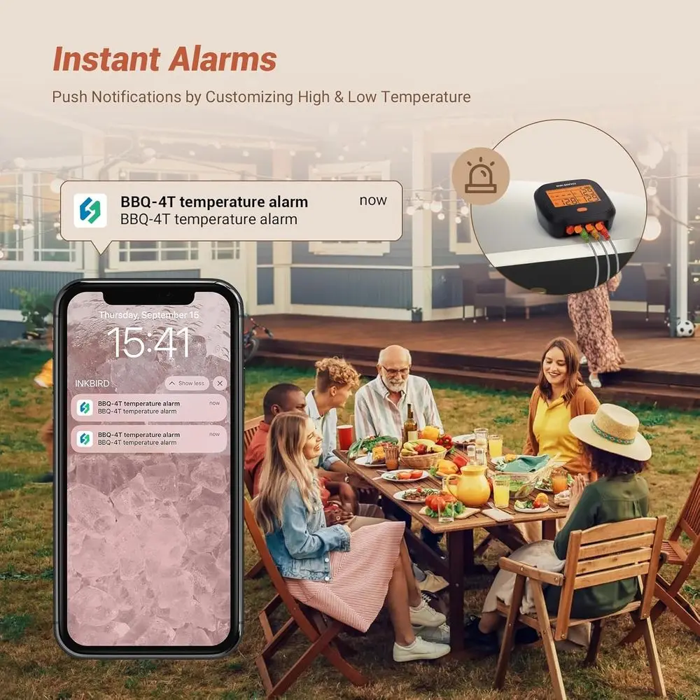 Wireless BBQ Thermometer, APP Temperature Graph, Mobile Notification Timer Alarm, Rechargeable Digital Grill Thermometer, 4 Prob