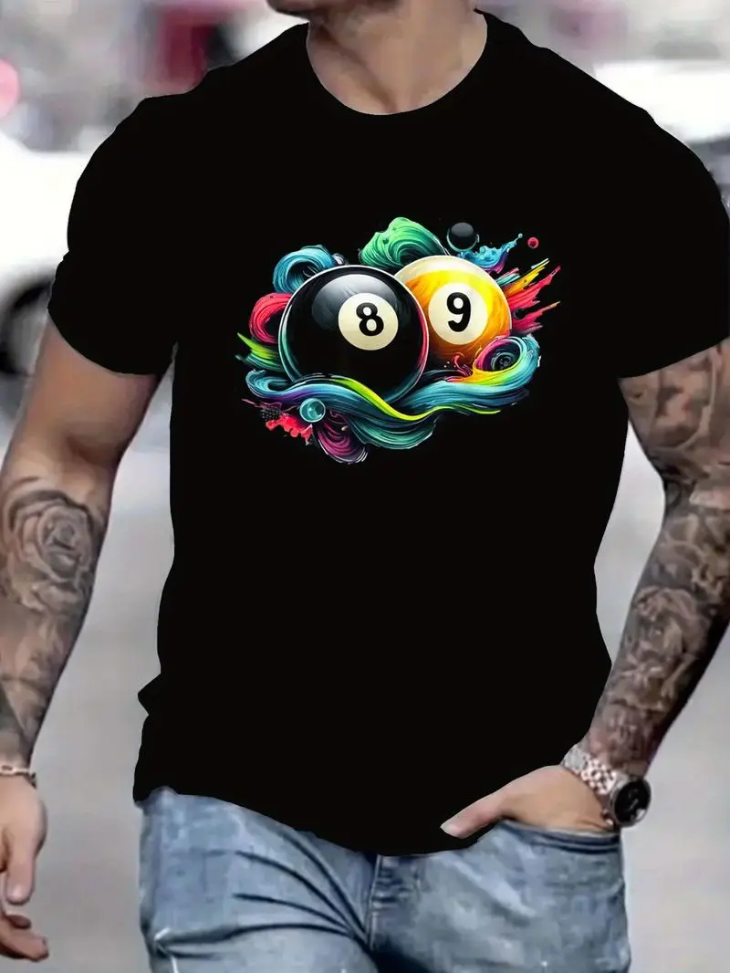 Men's Baseball Jersey T-Shirt, Loose Fit Billiard Graphic Tee With 8&9 Ball Design, Cotton Shirt For Gym, Parties, Gifts & Fans