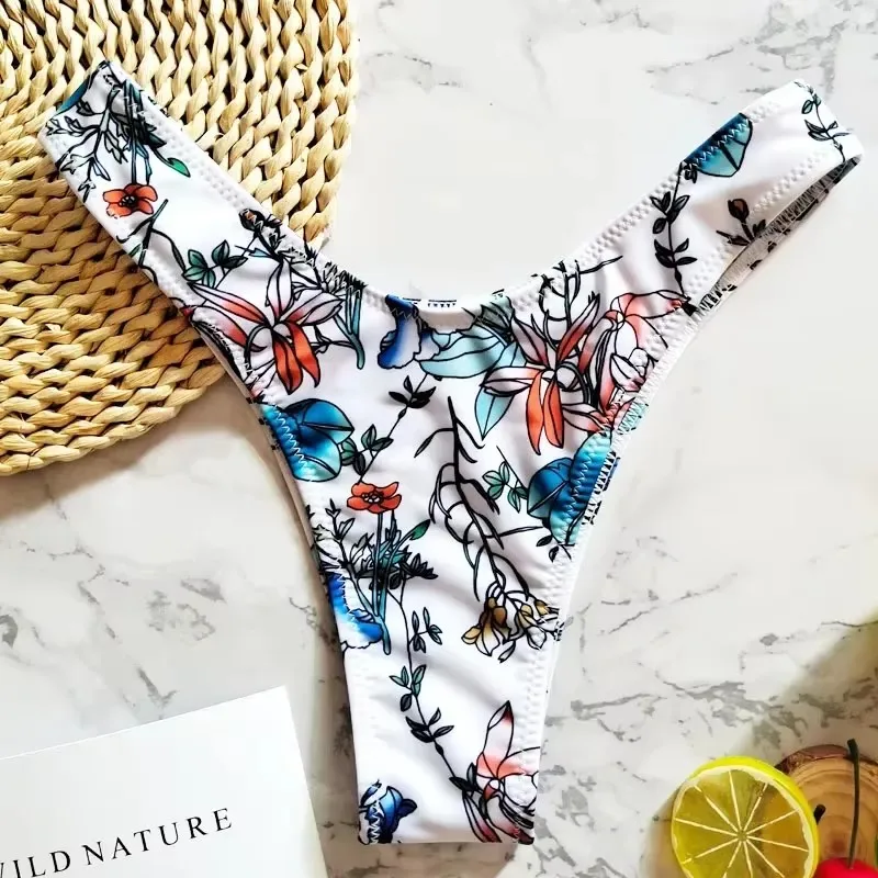 Sexy Leaves Print Swimwear Women Briefs V Shape Bikini Bottom Brazilian Thong Swimsuit Classic Cut Bottom Biquini Swim Short